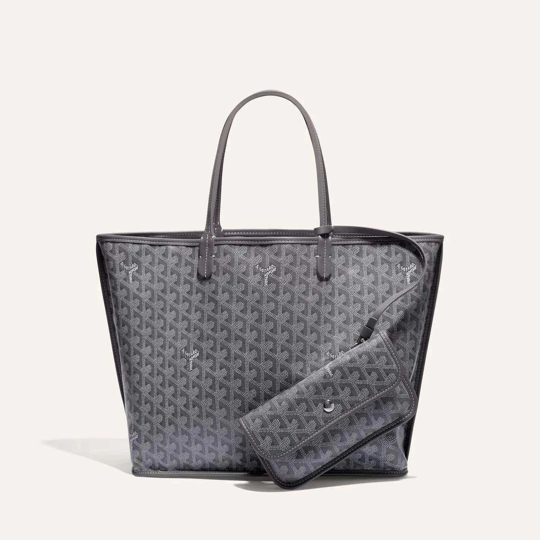 Gray patterned tote bag with matching pouch on a light gray background